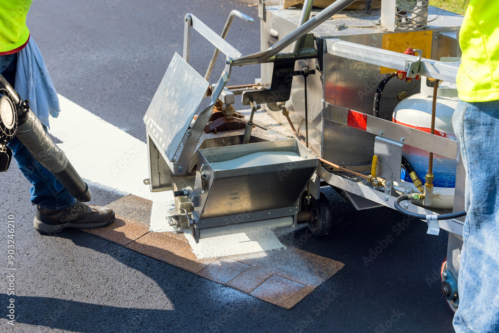 After asphalt is laid on road, workers apply markings signs After asphalt is laid on road, workers apply markings signs
