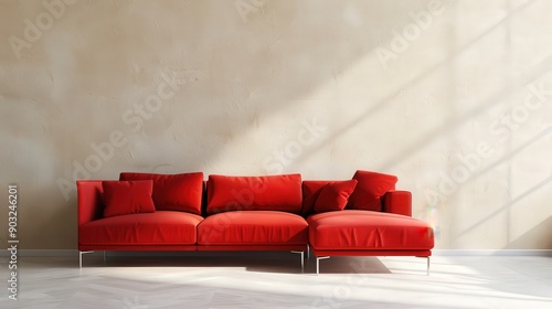 Red sectional sofa in a modern living room with sunlight streaming through the window.  Minimalist design with a neutral background.