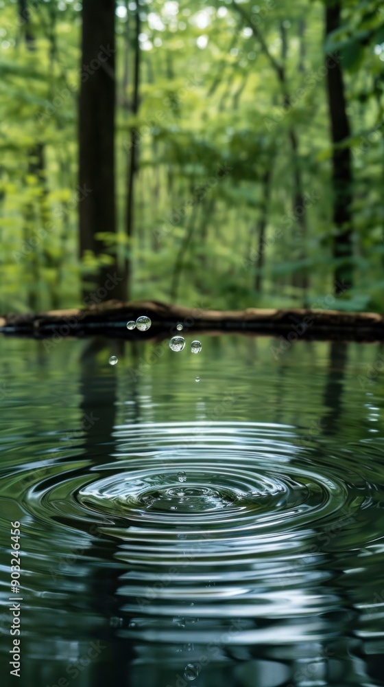 Water Droplet Creating Ripples in Still Pond with Defocused Forest Background Water Droplet Creating Ripples in Still Pond with Defocused Forest Background