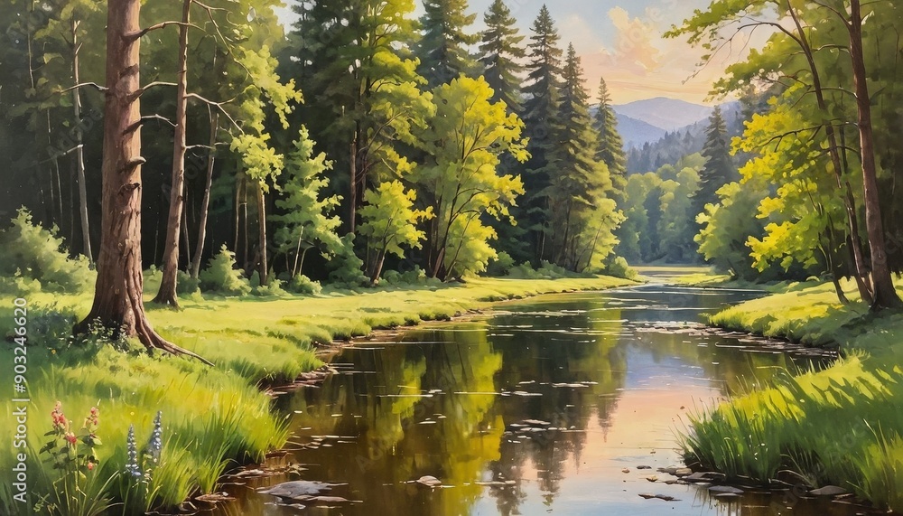 Obraz premium Tranquil River Scene in a Lush Forest.