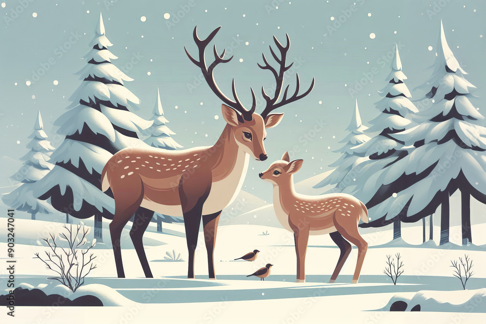 a couple of deer standing next to each other in the snow, family portrait, warm tone, a couple of deer standing next to each other in the snow, family portrait, warm tone,