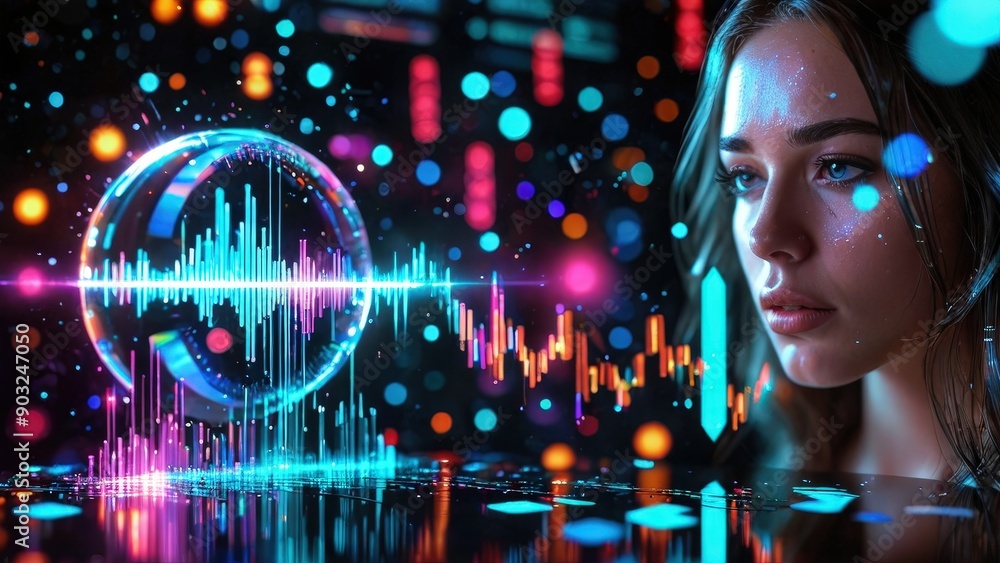 Woman looking at glowing digital sound waves. Woman looking at glowing digital sound waves.