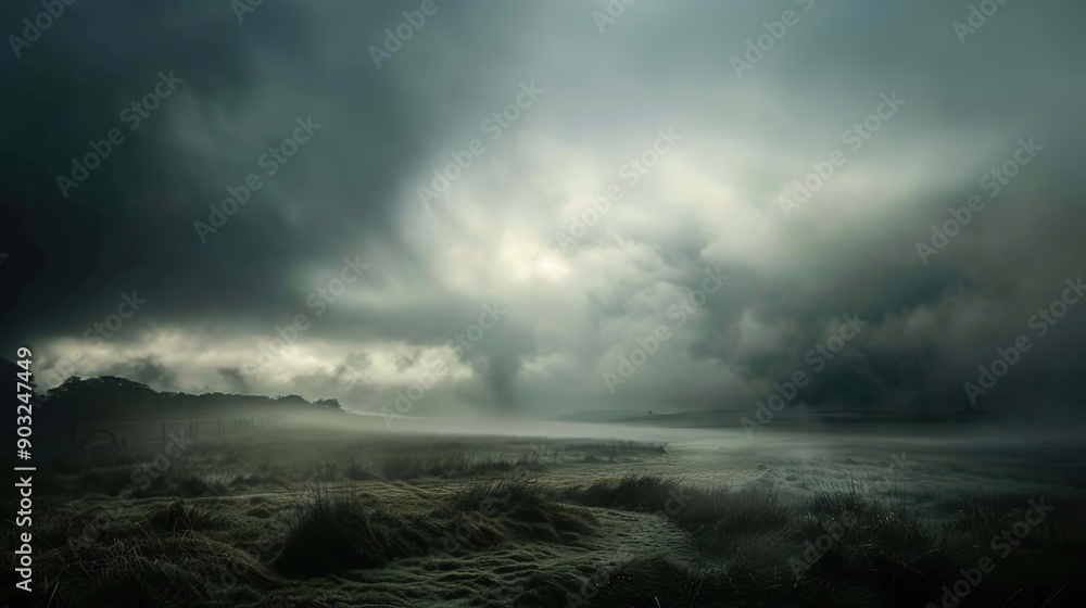 Fototapeta premium Eerie Foggy Field: Dark Clouds, Moody Landscape, Atmospheric