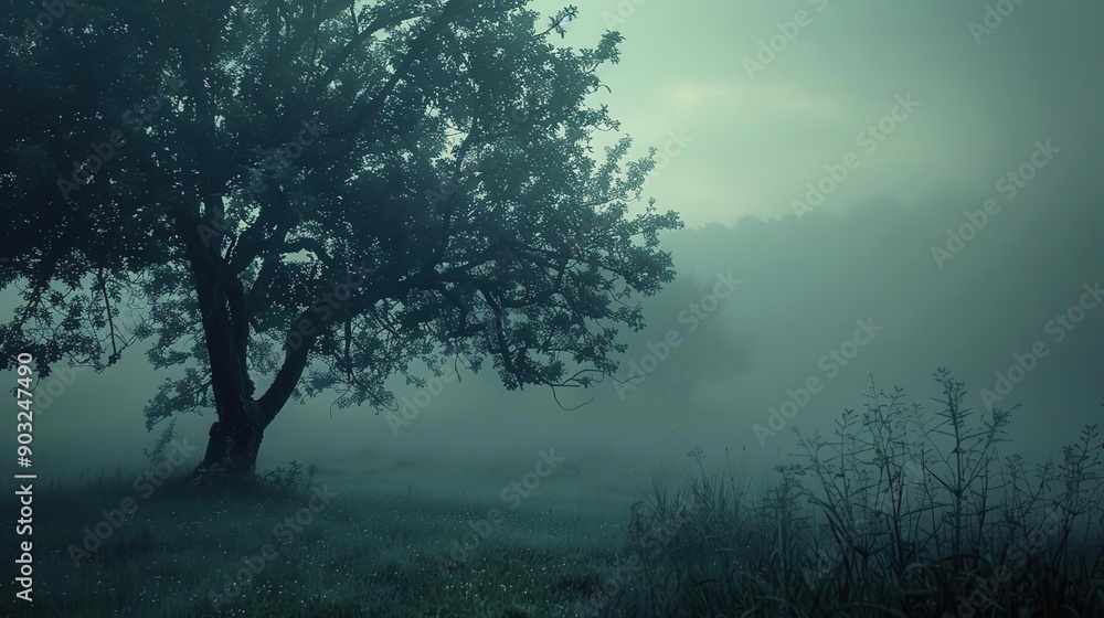Lonely Tree in the Mist: Eerie Fog, Atmospheric Landscape, Nature, Serene, Tranquil, Moody, Spooky, Mysterious, Dark Lonely Tree in the Mist: Eerie Fog, Atmospheric Landscape, Nature, Serene, Tranquil, Moody, Spooky, Mysterious, Dark
