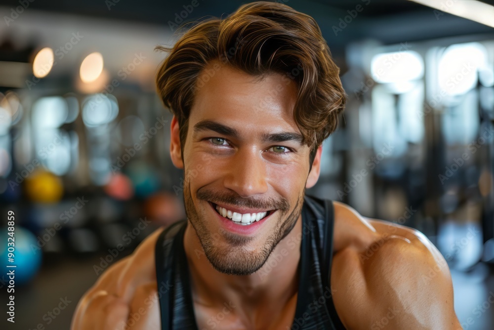 A fit muscular male personal trainer smiling at the camera in a gym, close up A fit muscular male personal trainer smiling at the camera in a gym, close up