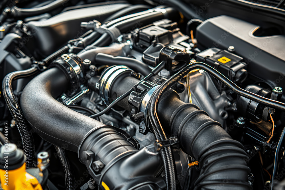 Detailed view of a contemporary vehicles engine bay containing b Detailed view of a contemporary vehicles engine bay containing b
