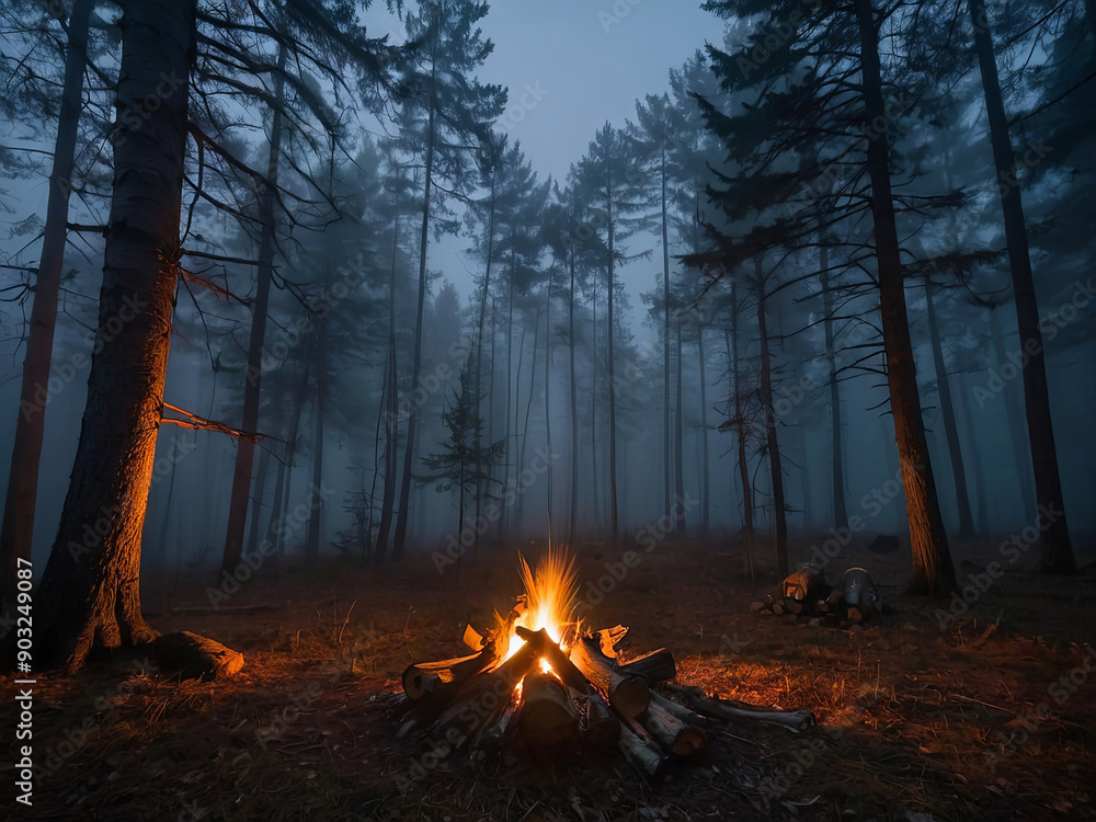 a gloomy evening fall forest in fog the light a gloomy evening fall forest in fog the light