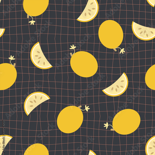 Groovy style melons seamless pattern on grid distorted background. Perfect print for fabric, paper, textile. Hand drawn vector illustration.