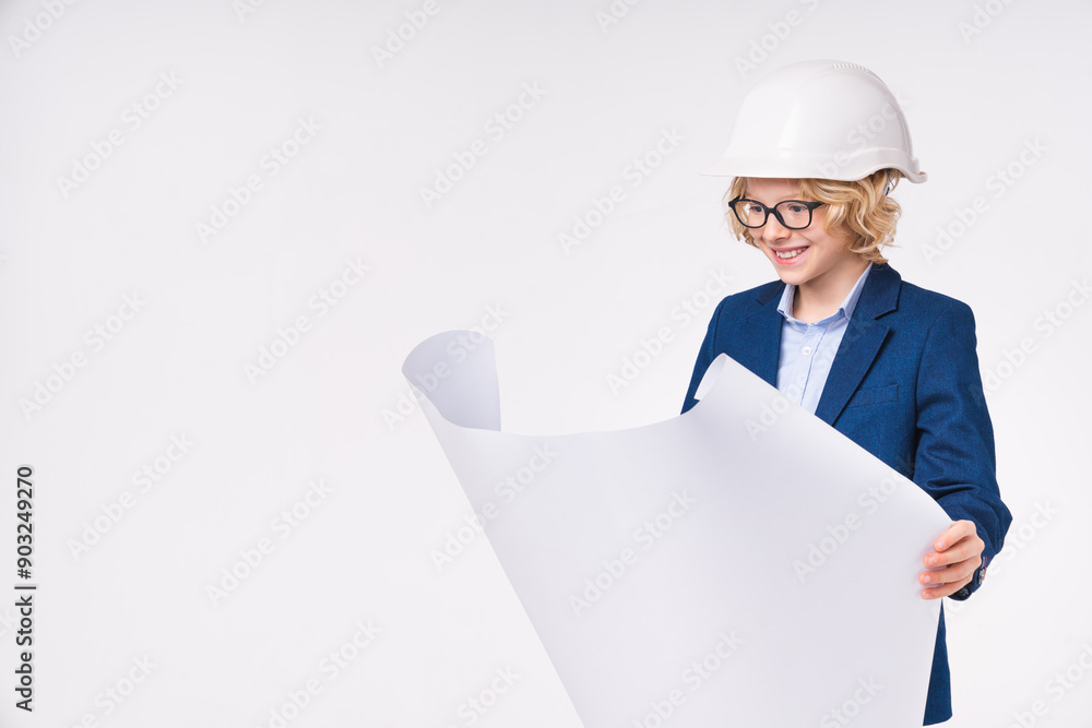 Small caucasian preteen boy male child kid elementary primary middle school pupil in hardhat protective helmet formal suit holding architectural plans isolated over white background copy space Small caucasian preteen boy male child kid elementary primary middle school pupil in hardhat protective helmet formal suit holding architectural plans isolated over white background copy space