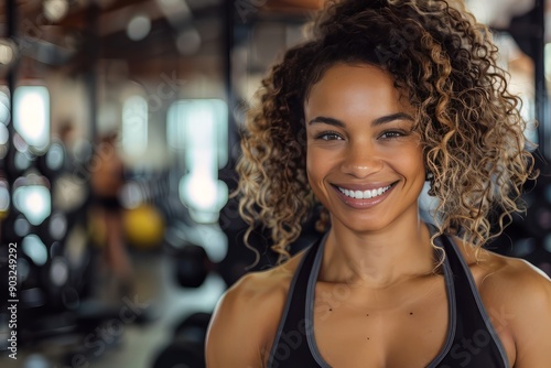 A fit muscular female personal trainer smiling at the camera in a gym, close up