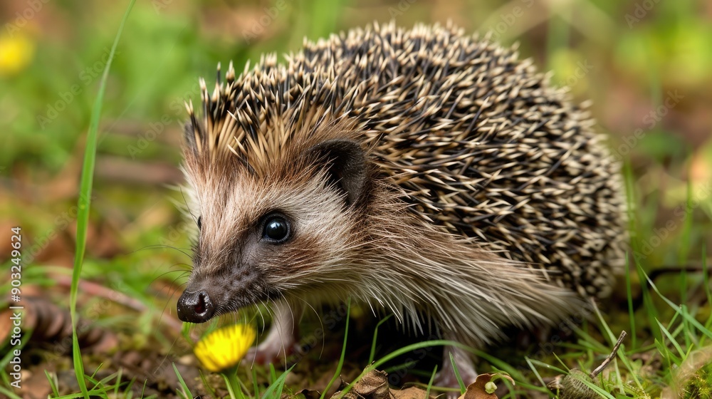 Fototapeta premium Hedgehog in garden wild free roaming hedgehog taken from a wildlife hide to help monitor the health and population of this favourite but declining mammal scientific name erinaceus europaeus