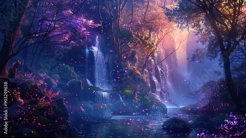 Enchanted Forest Waterfall at Sunset: A Magical Landscape