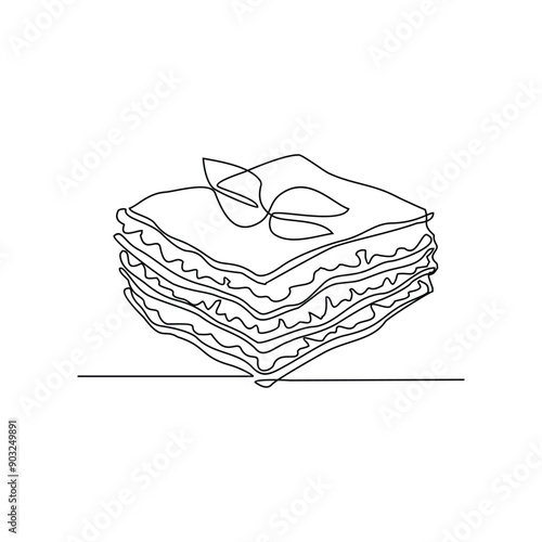One continuous line drawing of Lasagna food vector illustration. Traditional food in simple linear style vector design concept. Traditional foods have gained global popularity in world communities.