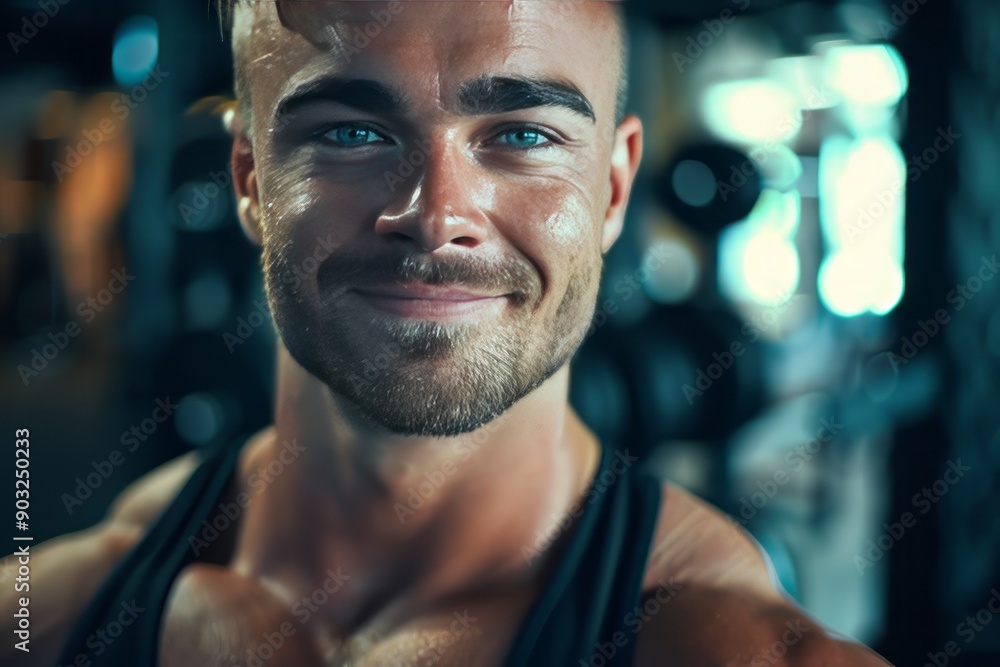 A fit muscular male personal trainer smiling at the camera in a gym, close up A fit muscular male personal trainer smiling at the camera in a gym, close up