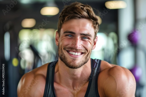 A fit muscular male personal trainer smiling at the camera in a gym, close up