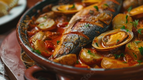 Modern style traditional Spanish seafood zarzuela de pescado with fish served in red sauce as close up in design pot