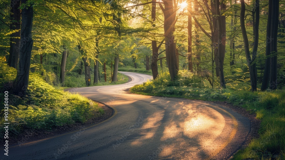 Fototapeta premium Acountry lane with a curve to the left green lush trees on each side the sun is low and shining through the trees casting long higlights and shadow on the road which has a diminishing perspective