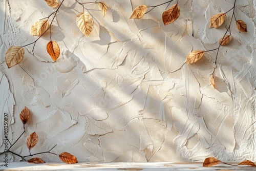 Empty table against beige textured wall background. Composition with glossy leaves on the wall.