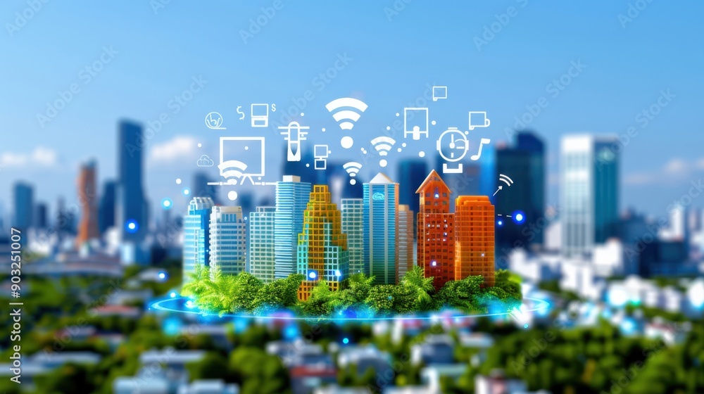 Obraz premium A cityscape with many buildings and a lot of technology