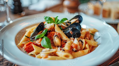 Penne pasta with seafood in a plate on the table Italian pasta dish with mussels squid tomatoes and parmesan close up photo