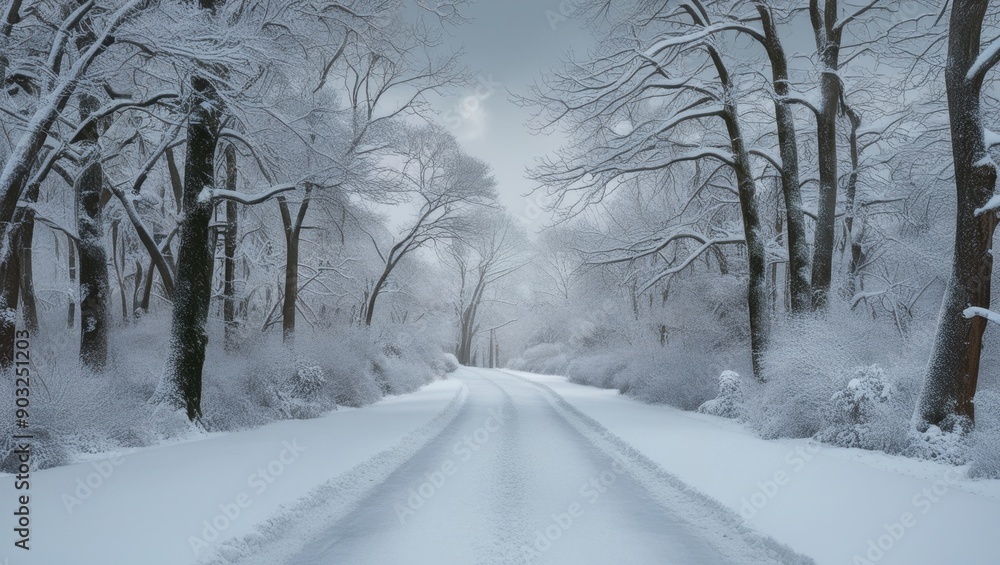 Fototapeta premium Snow-Covered Pathway Through Dense Forest with Snow-Laden Branches and Soft Grey Sky
