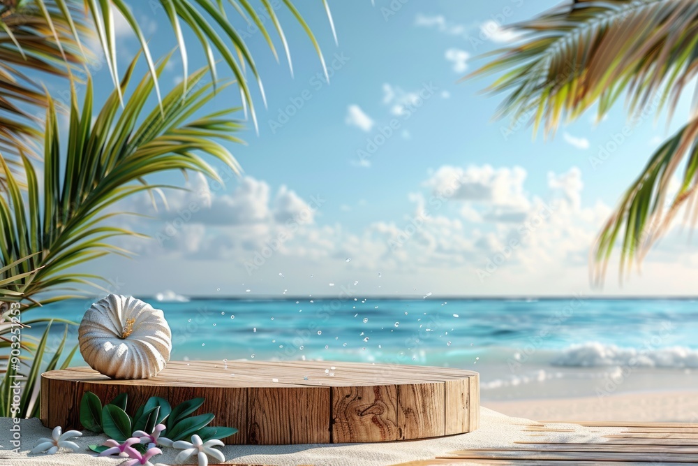 Obraz premium Summer product display on wooden podium at sea tropical beach
