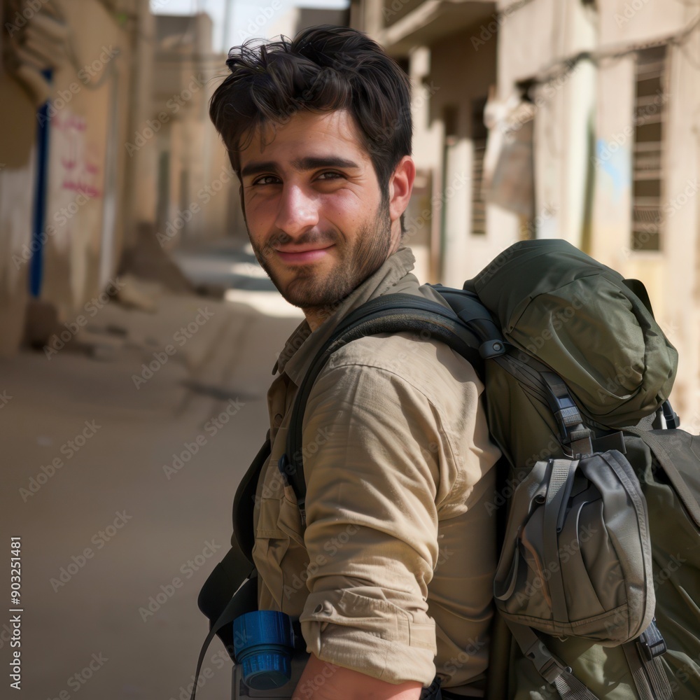 Fototapeta premium Young Adventurer Smiling in Urban Street With Backpack During Daytime Exploration