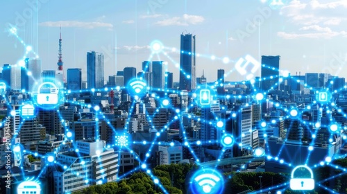 A cityscape with many blue dots that represent wifi connections