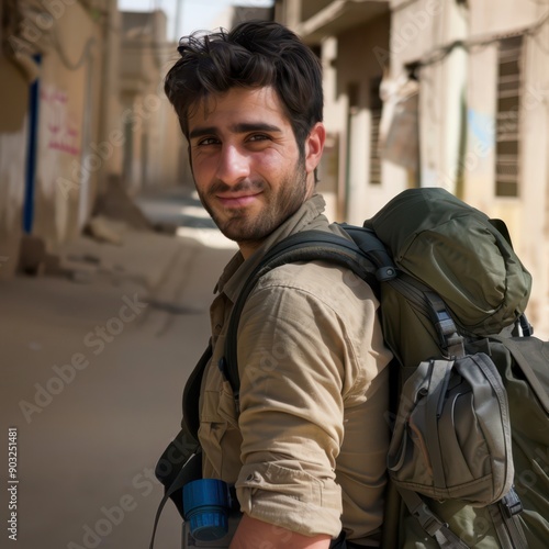 Young Adventurer Smiling in Urban Street With Backpack During Daytime Exploration © Andrii