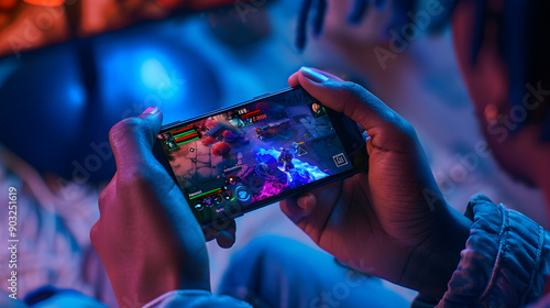 Obraz na płótnie A person playing a mobile game on a specialized gaming phone with dedicated controls. w salonie