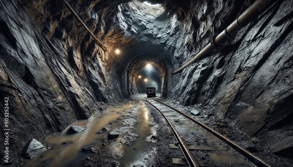 Naklejka premium Underground tunnel with railroad tracks of an old mine