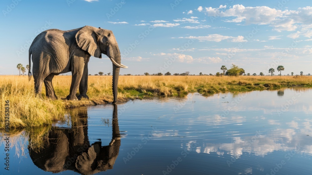 Fototapeta premium beautiful landscape with an elephant drinking water in a small lake in Africa with a blue sky