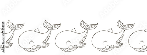 Marine seamless border. Monochrome fairy-tale drawing