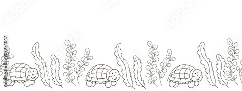 Marine seamless border. Monochrome fairy-tale drawing