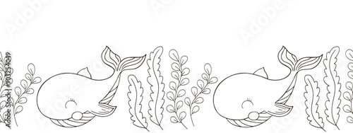 Marine seamless border. Monochrome fairy-tale drawing
