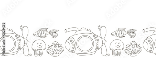 Marine seamless border. Monochrome fairy-tale drawing
