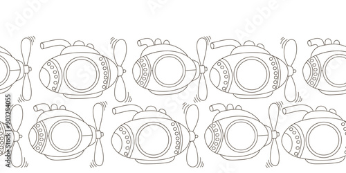 Marine seamless border. Monochrome fairy-tale drawing