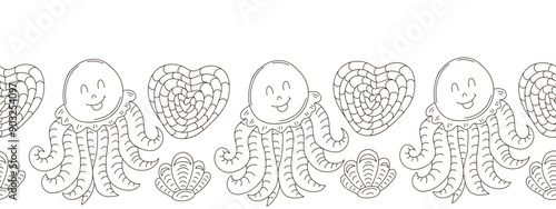 Marine seamless border. Monochrome fairy-tale drawing