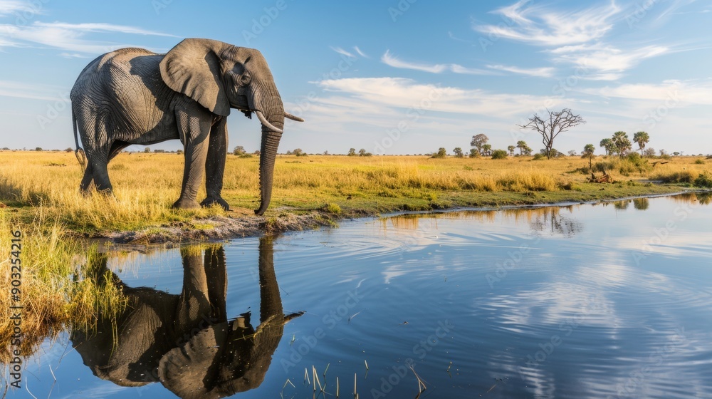 Fototapeta premium beautiful landscape with an elephant drinking water in a small lake in Africa with a blue sky
