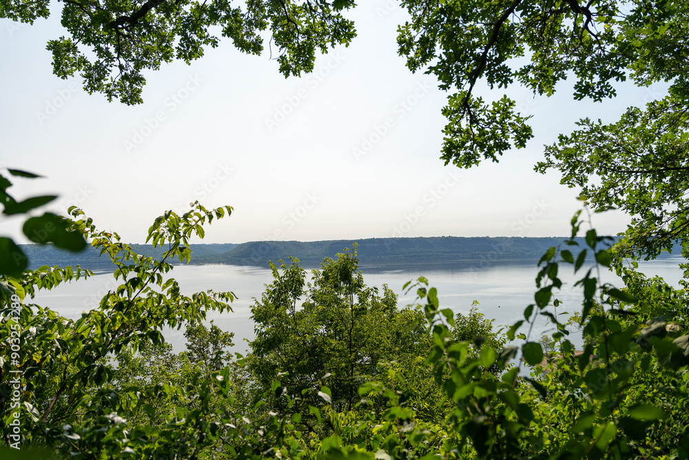 Obraz premium A gorgeous view of water near trees and plants at a local park in Minnesota.