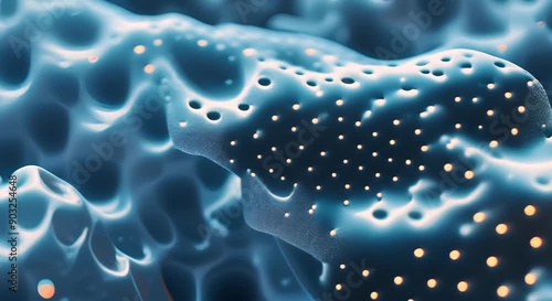 3D white porous structure of bone in osteoporosis with golden light organic and spongy texture, resembling a natural coral or bone microarchitecture detail