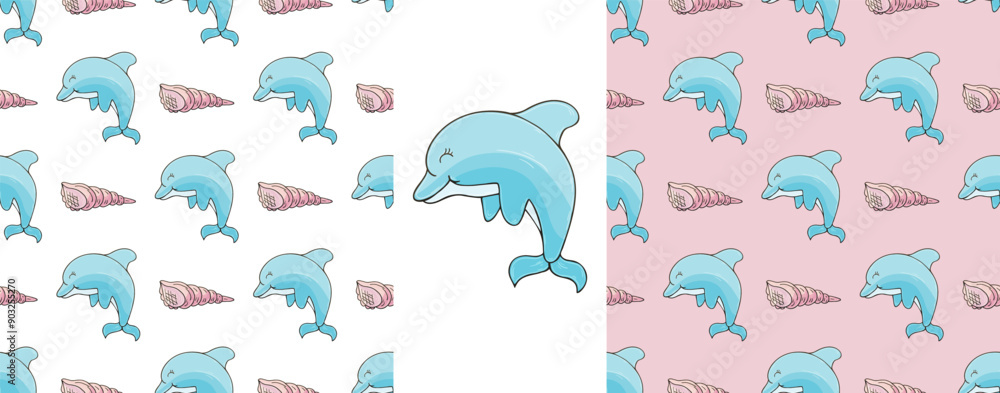 Fototapeta premium Set Creative marine seamless pattern. Pattern in hand draw style, created for fabrics