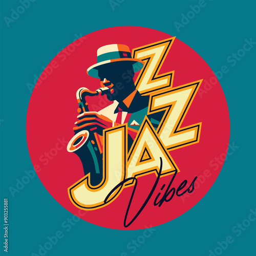 Vibes Jazz - saxophone playing African American man jazz musician in vibrant colors minimalist vector illustration.