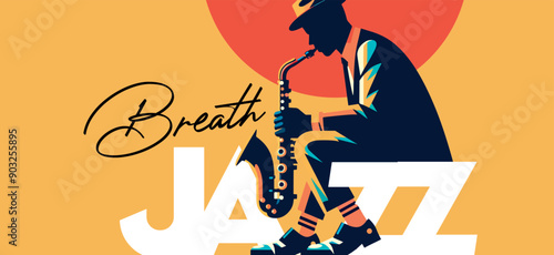 Breath Jazz - saxophone playing African American man jazz musician in vibrant colors minimalist vector illustration.