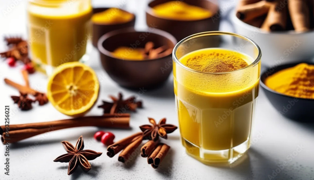 Traditional Indian golden milk with turmeric, cinnamon and ginger. Traditional Indian golden milk with turmeric, cinnamon and ginger.