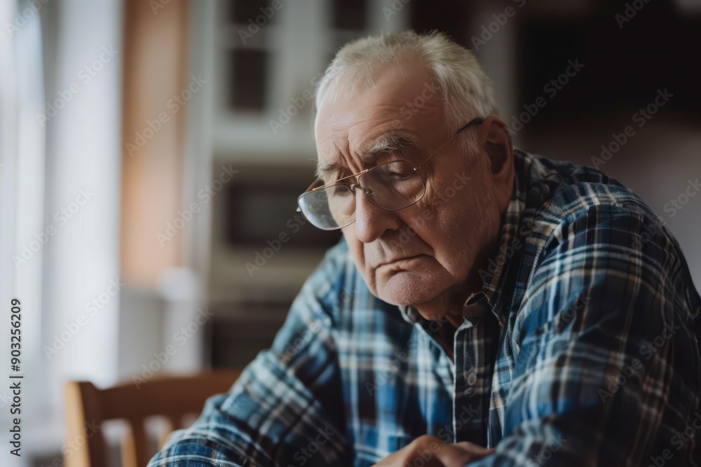 Elderly Man With Glasses Deep in Thought at Kitchen Table in Morning Light Elderly Man With Glasses Deep in Thought at Kitchen Table in Morning Light