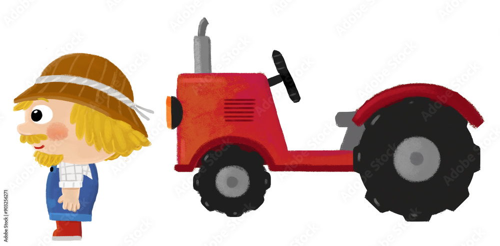 cartoon scene with farmer man standing doing some activity near tractor isolated background illustation for children cartoon scene with farmer man standing doing some activity near tractor isolated background illustation for children