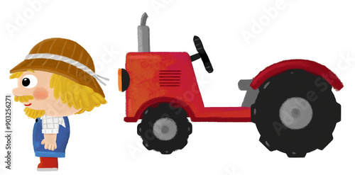 cartoon scene with farmer man standing doing some activity near tractor isolated background illustation for children