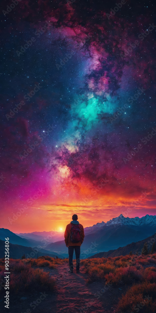 futuristic landscape , a man silhouetted at night in the mountains on the background of a bright starry sky of the milky way futuristic landscape , a man silhouetted at night in the mountains on the background of a bright starry sky of the milky way