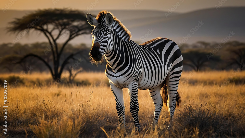 Naklejka premium majestic zebra, its black and white stripes mesmerizing in their crisp contrast, stands proudly in a sunlit savanna.